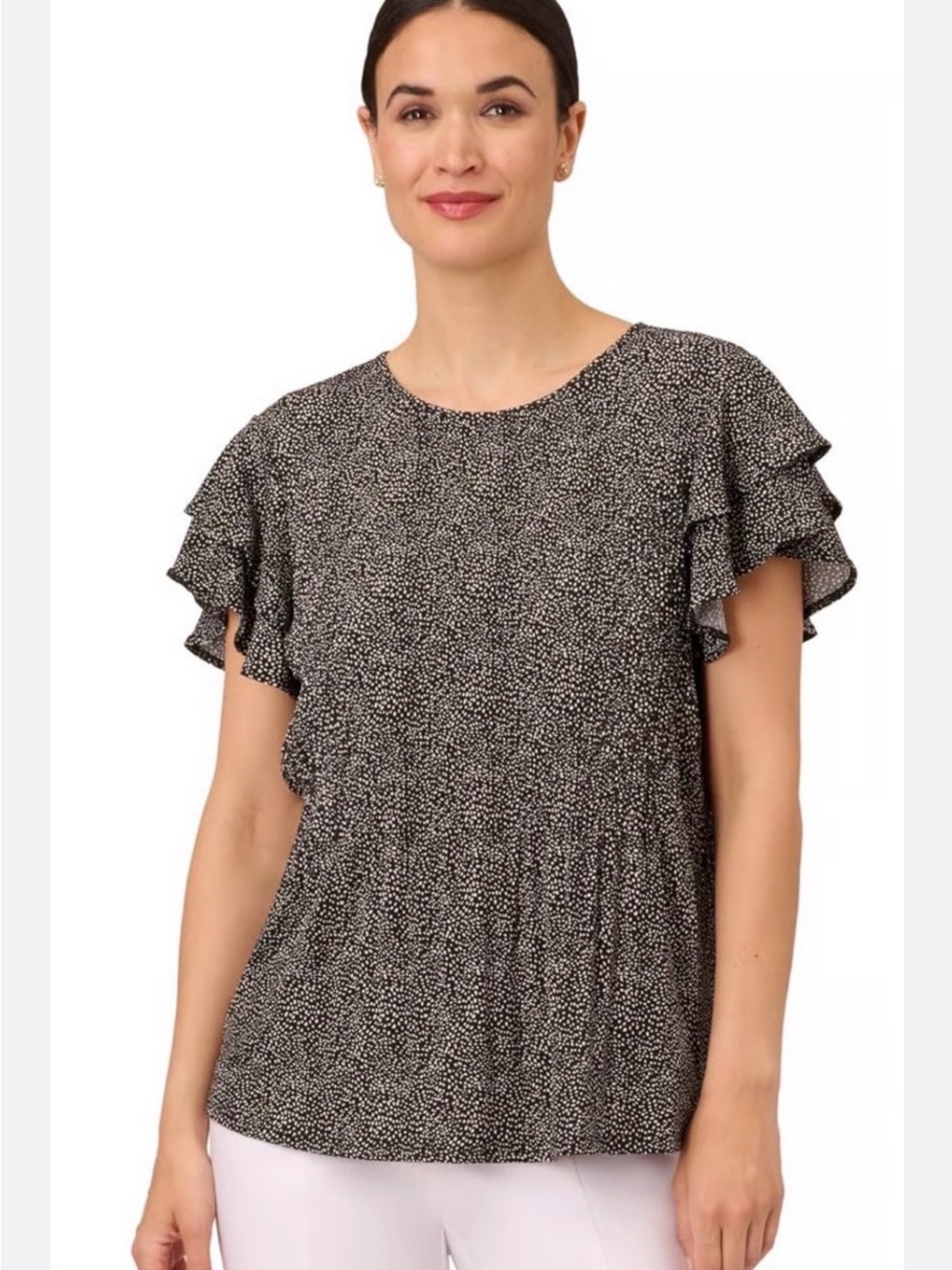 Adrianna Papell Black Speckle Ruffle Sleeve Peplum Top